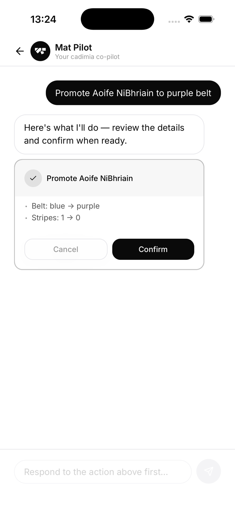 AI chat showing a promote-member preview card with the member's current and new belt