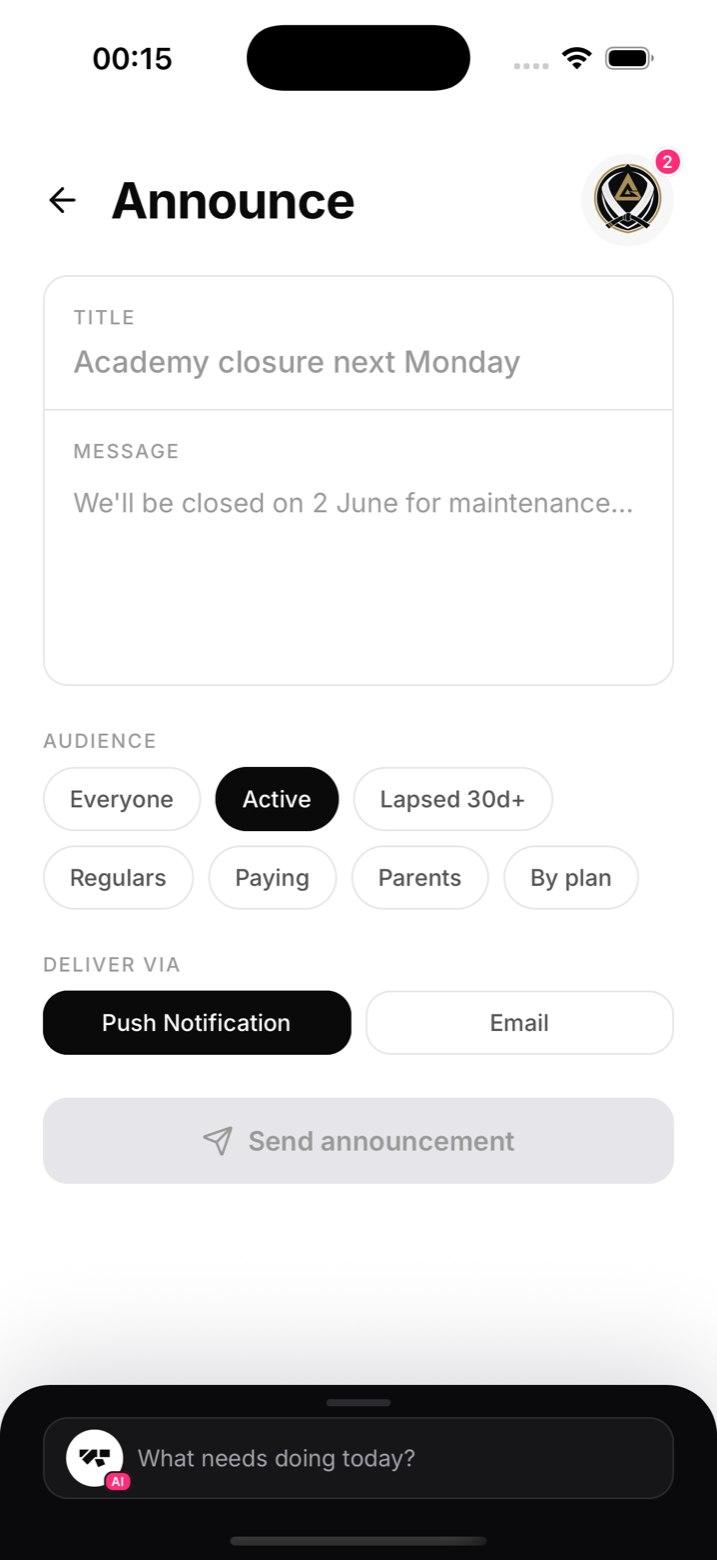 Announce screen with the audience picker and message box