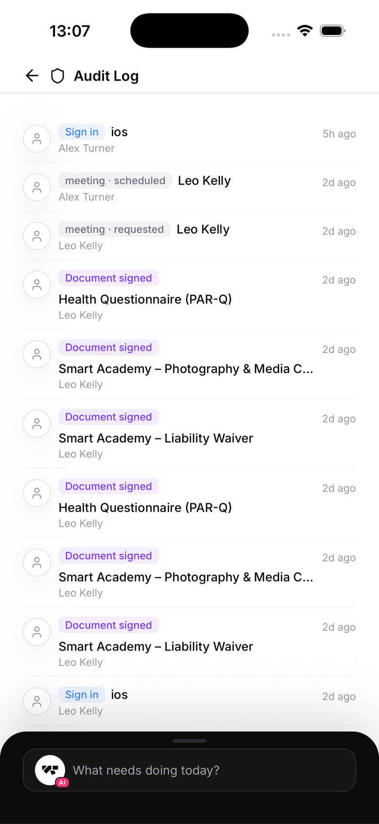 Audit log listing every change with who and when, including AI Assistant entries
