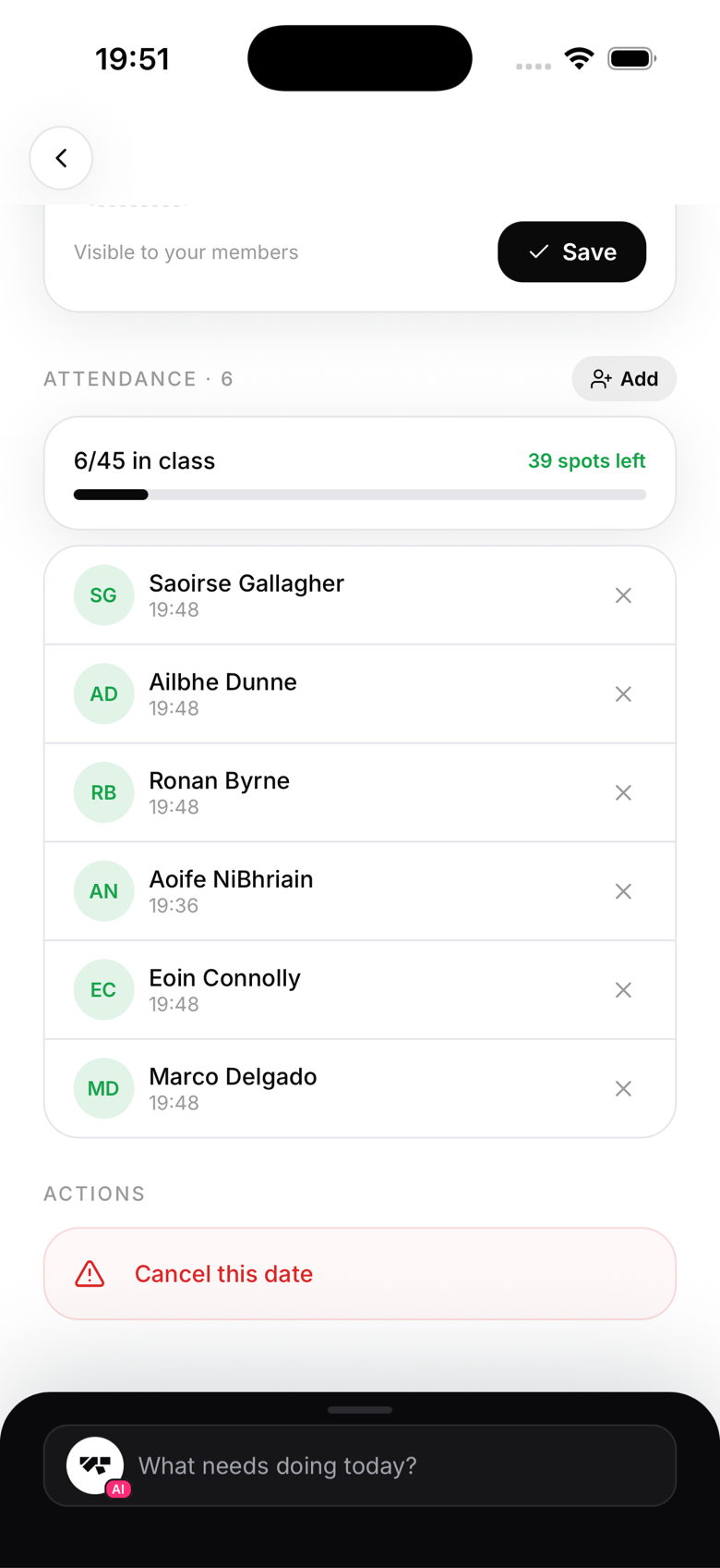 A live roster: six checked in, times recorded, spots tracked