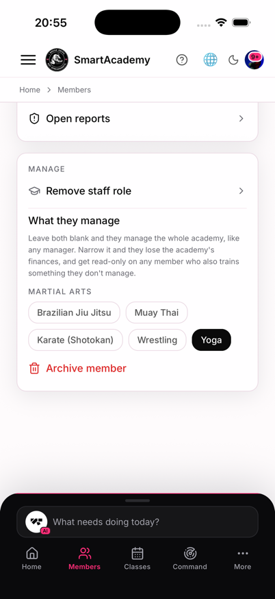 The What they manage card on a manager's profile, with Yoga selected
