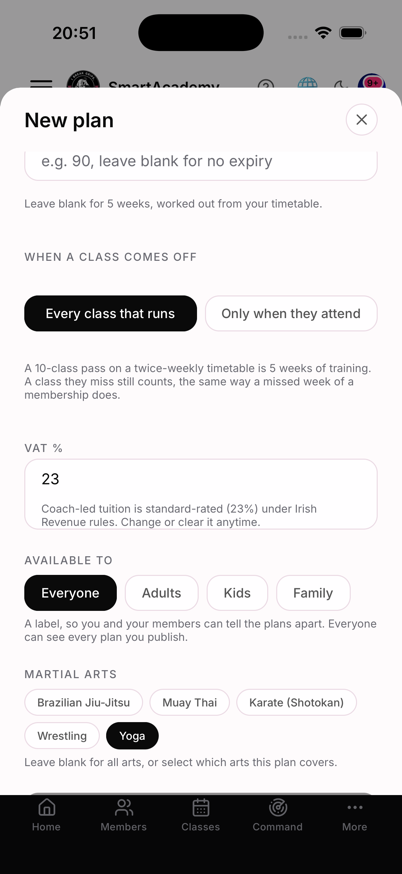 El formulario de plan con el tipo en Paquete de clases, con el número de clases, la ventana de validez y la regla de descuento