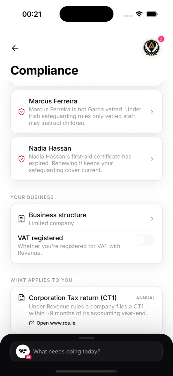 Safeguarding warnings and the VAT section of the compliance screen