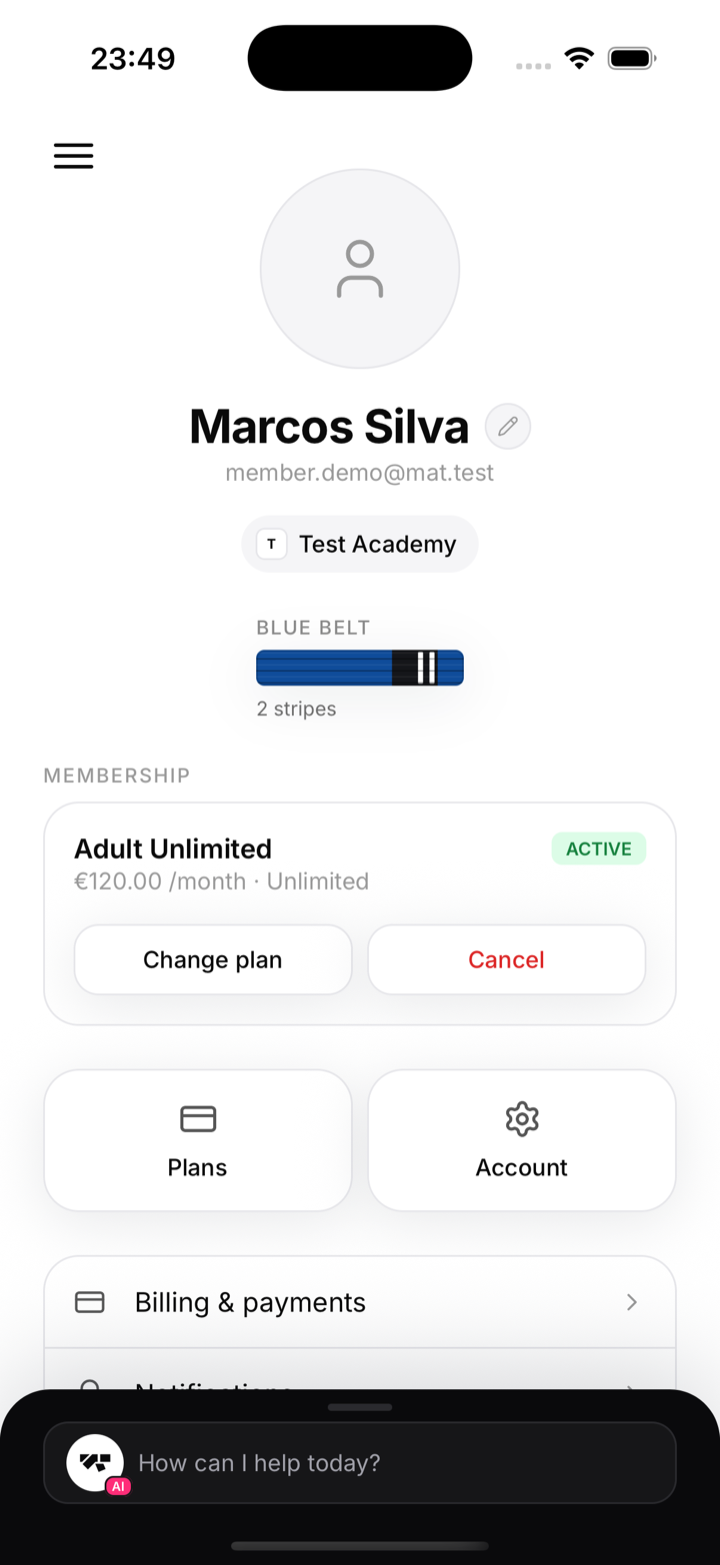 The member profile screen with the Billing and payments row