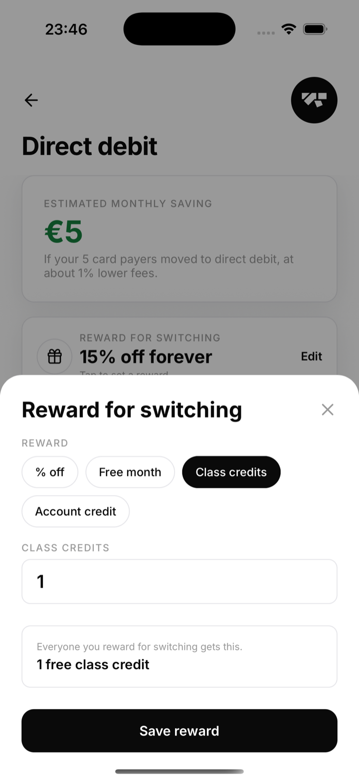 The same panel set to reward free class credits instead