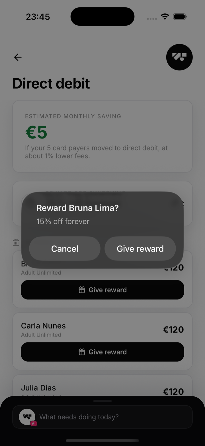 Confirming a reward for a member who switched to direct debit