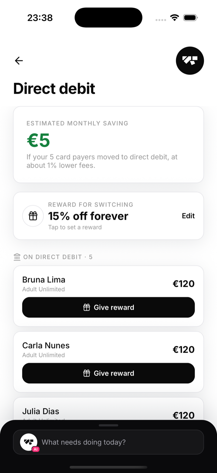 The Direct debit screen showing estimated saving, the reward offer, and members on direct debit