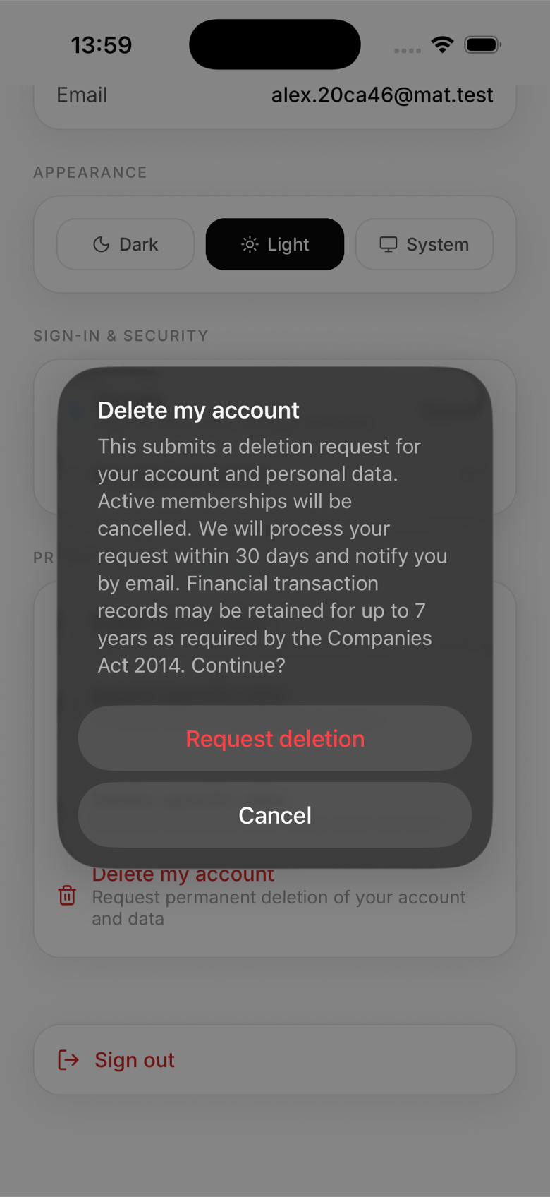 Delete account confirmation screen with warning text