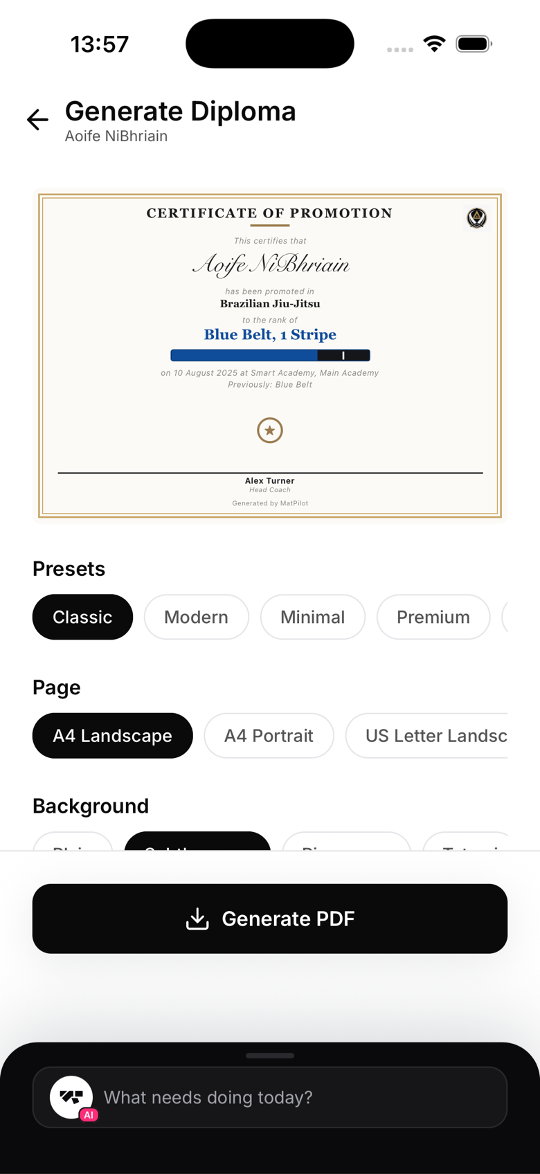 Diploma designer with live preview and theme, background, and signatory controls