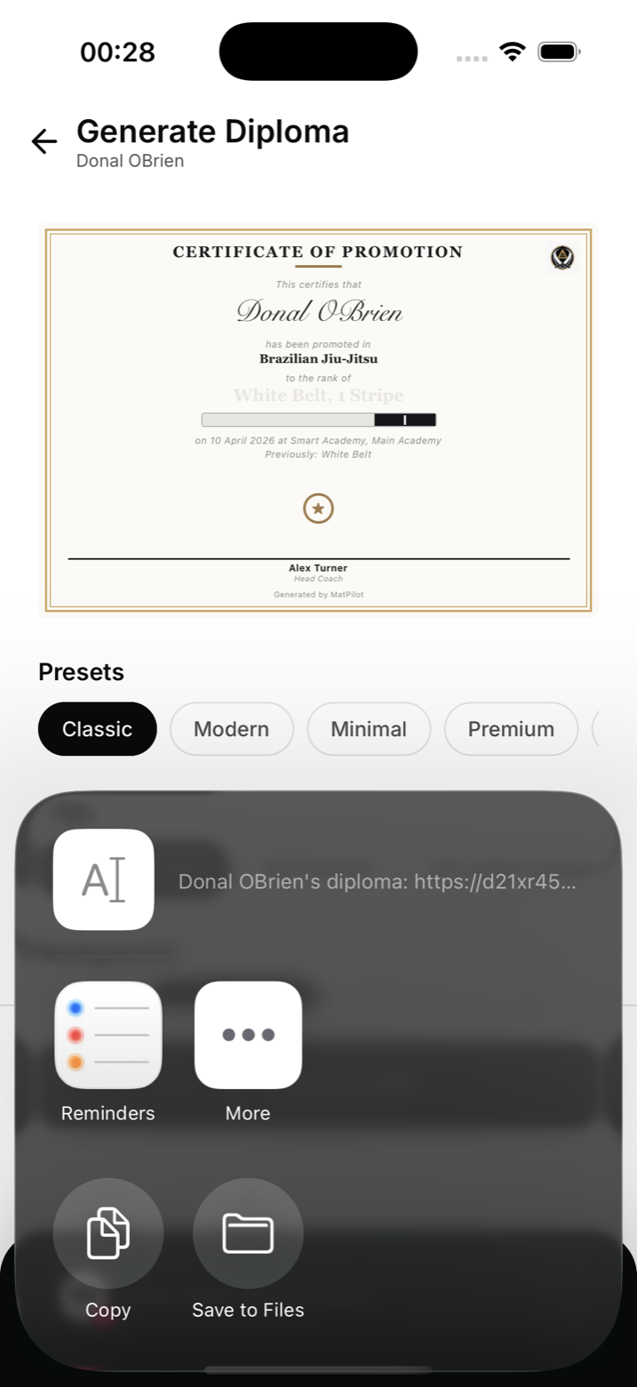 Share sheet open on a generated diploma PDF