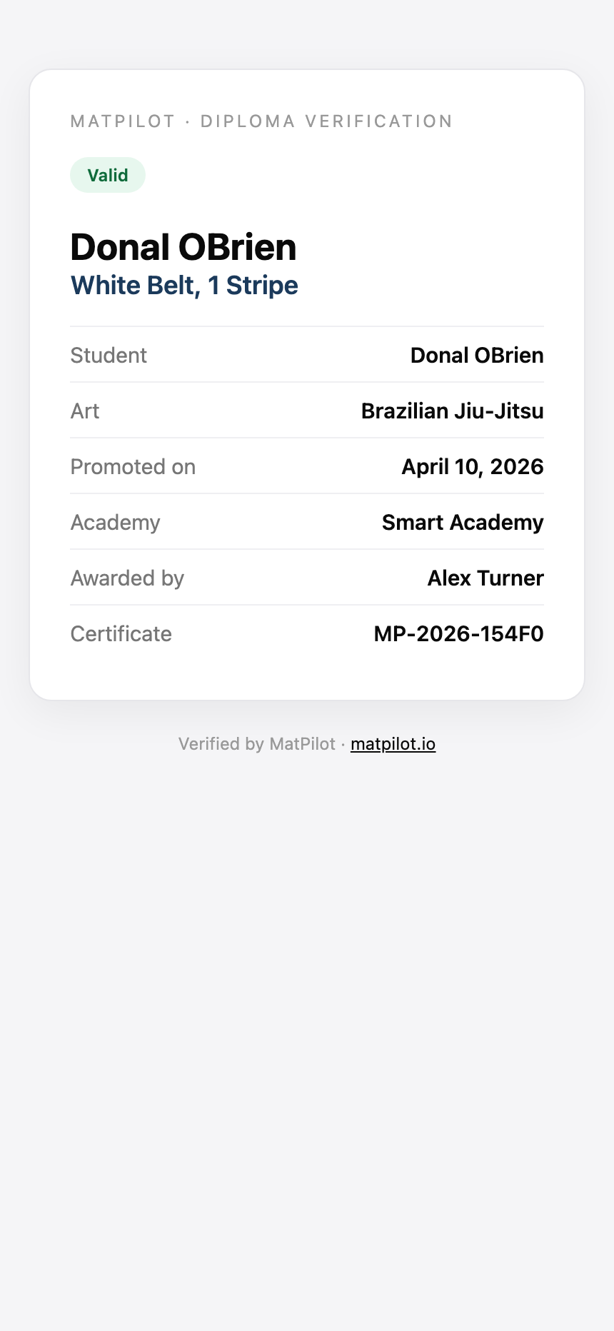 The public verification page: valid status, rank, date, academy, and certificate number
