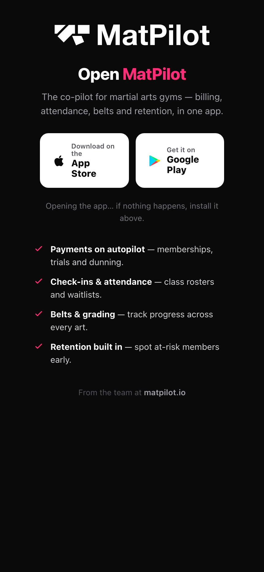 La página de descarga con los botones de App Store y Google Play