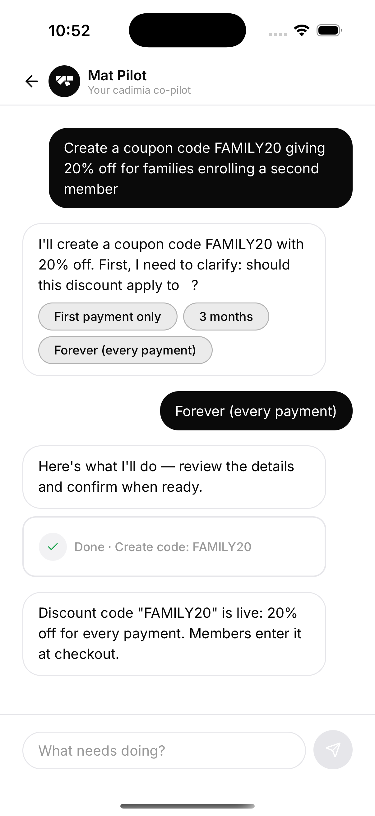 Confirmed and live on your payment account — hand the code to families at the desk