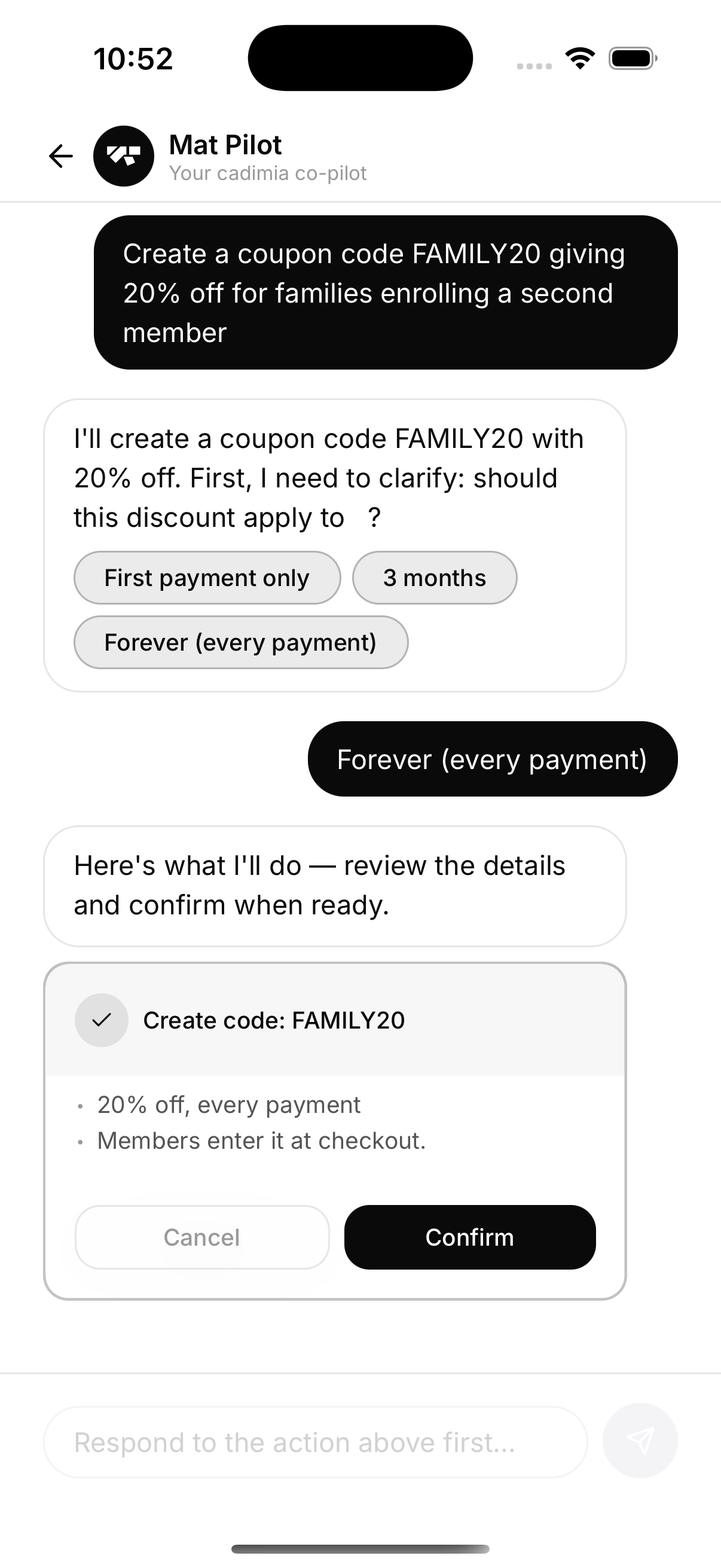 Asking the co-pilot for a family code: it asks the one question that matters, with tappable options