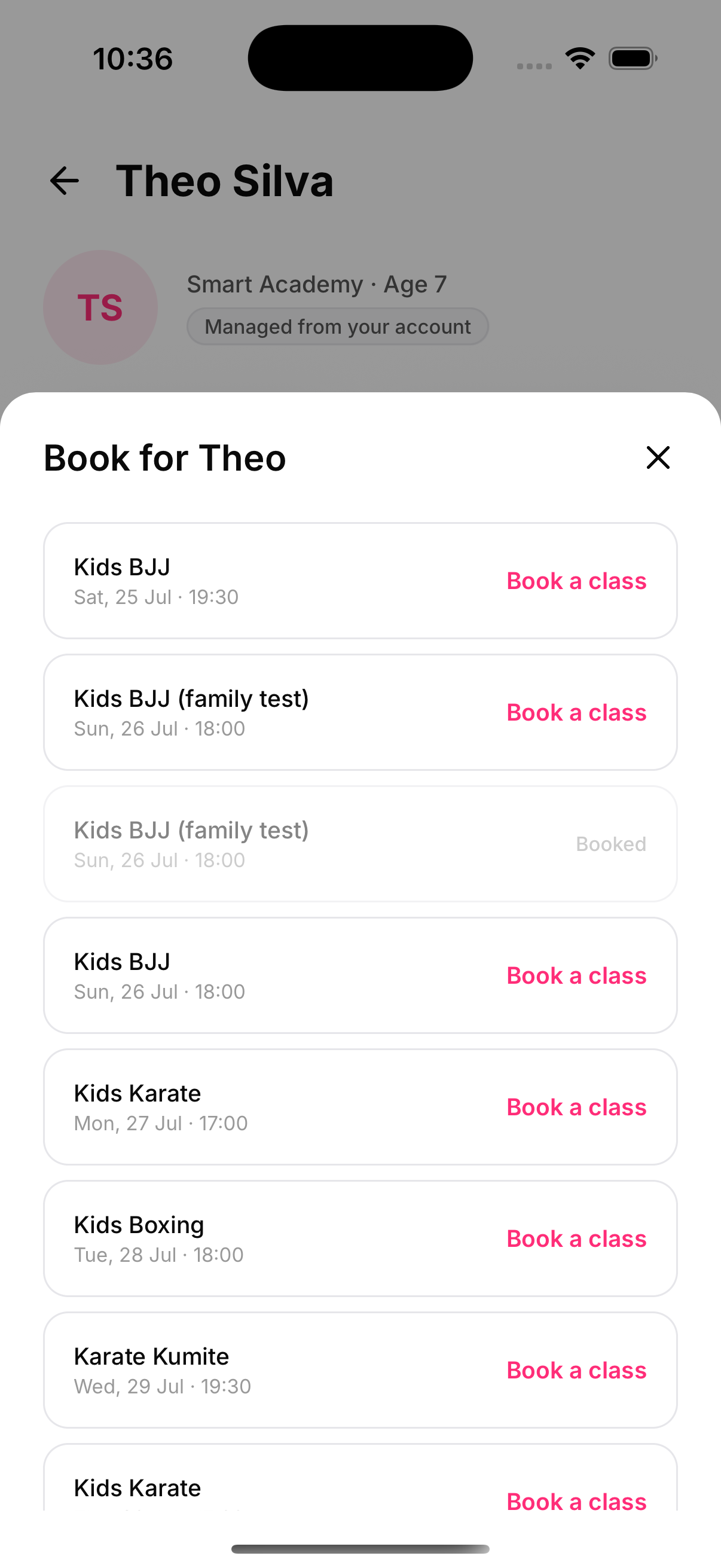 “Book for Theo”: only classes he's eligible for, with his existing booking marked