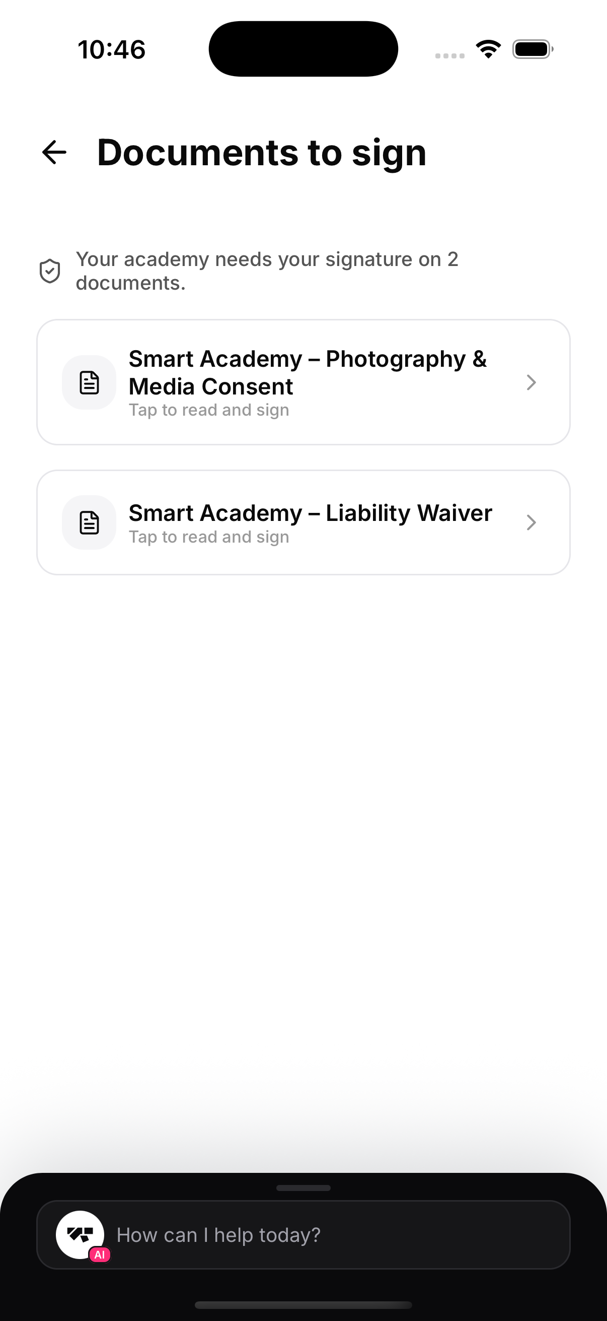 The child's app lists exactly what needs signing — here the desk already waived the health questionnaire, so only two remain