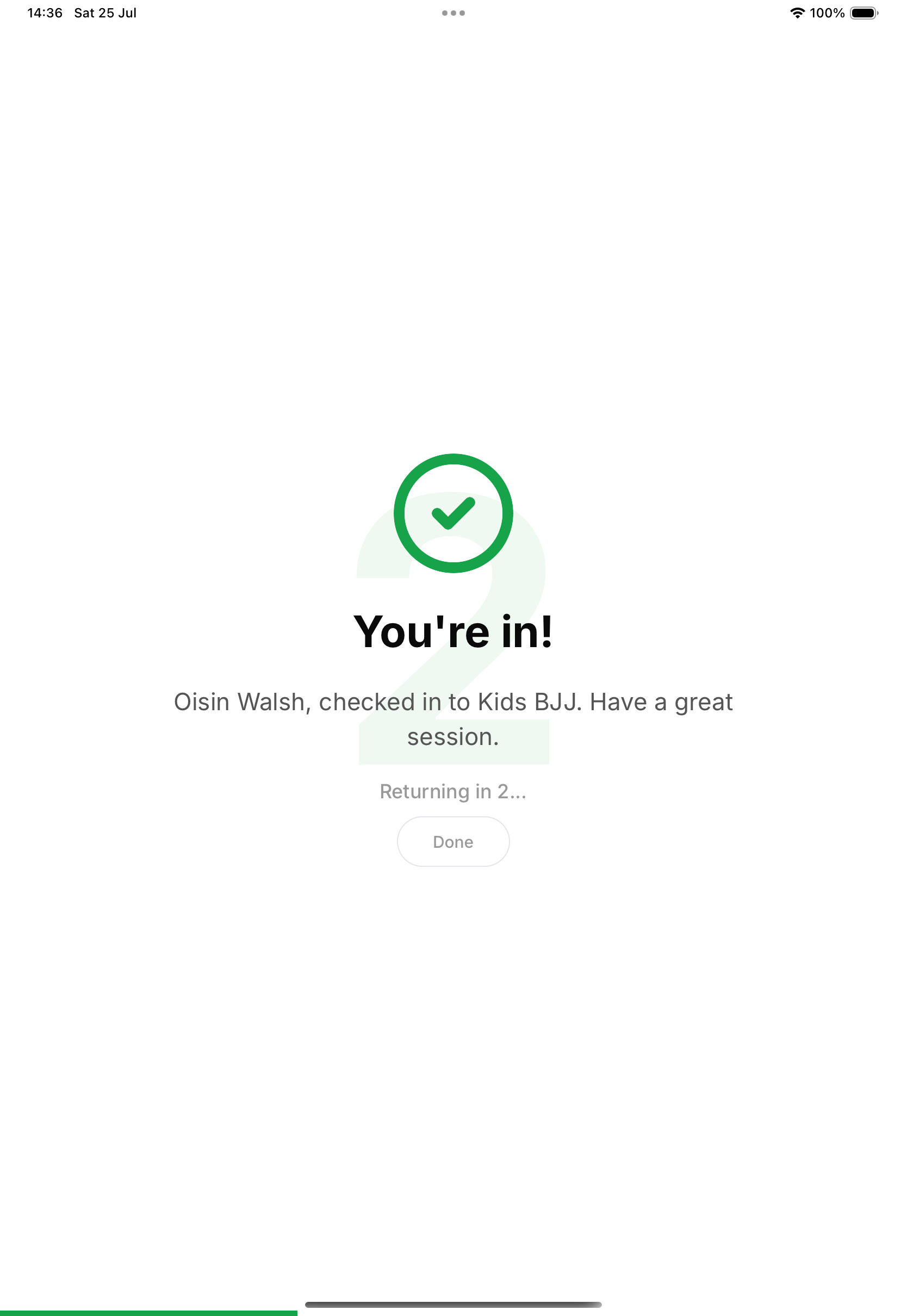 Confirmation with an auto-return countdown — the kiosk resets itself for the next kid in line