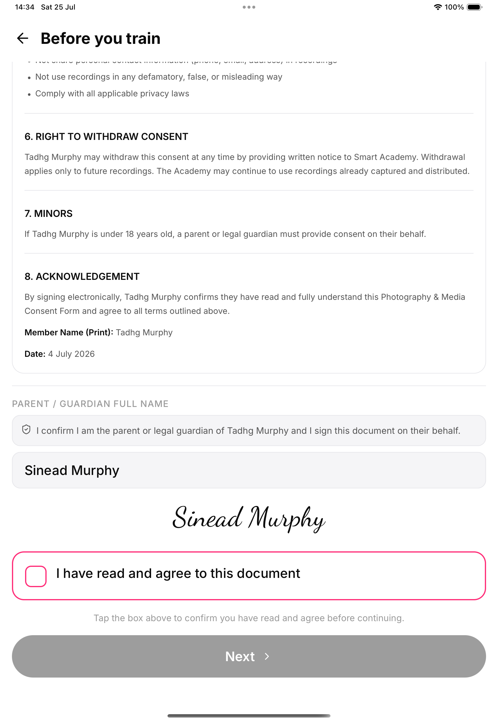 Guardian mode: the parent's name and signature, the child as the document's subject