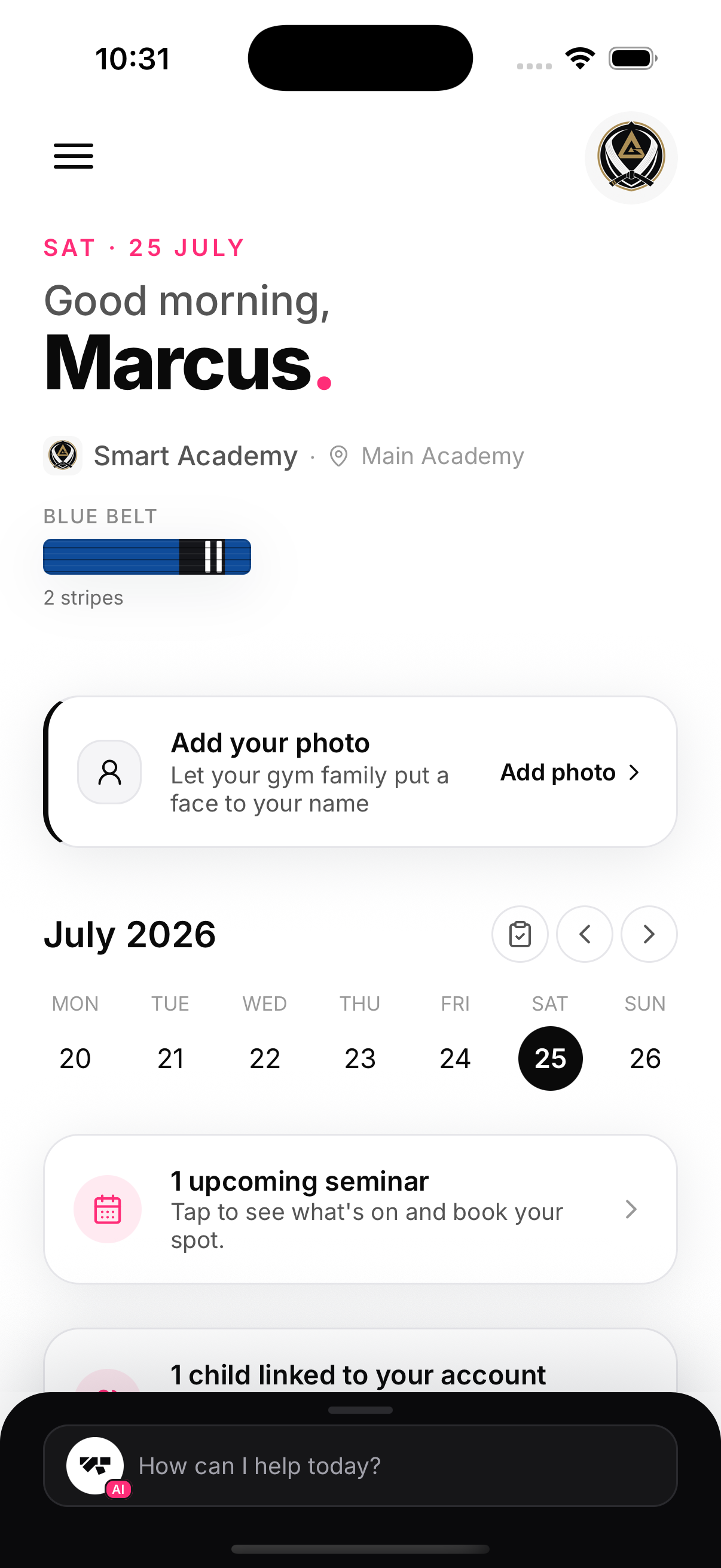O app do responsável continua sendo o app de treino dele: faixa, sequência, agenda