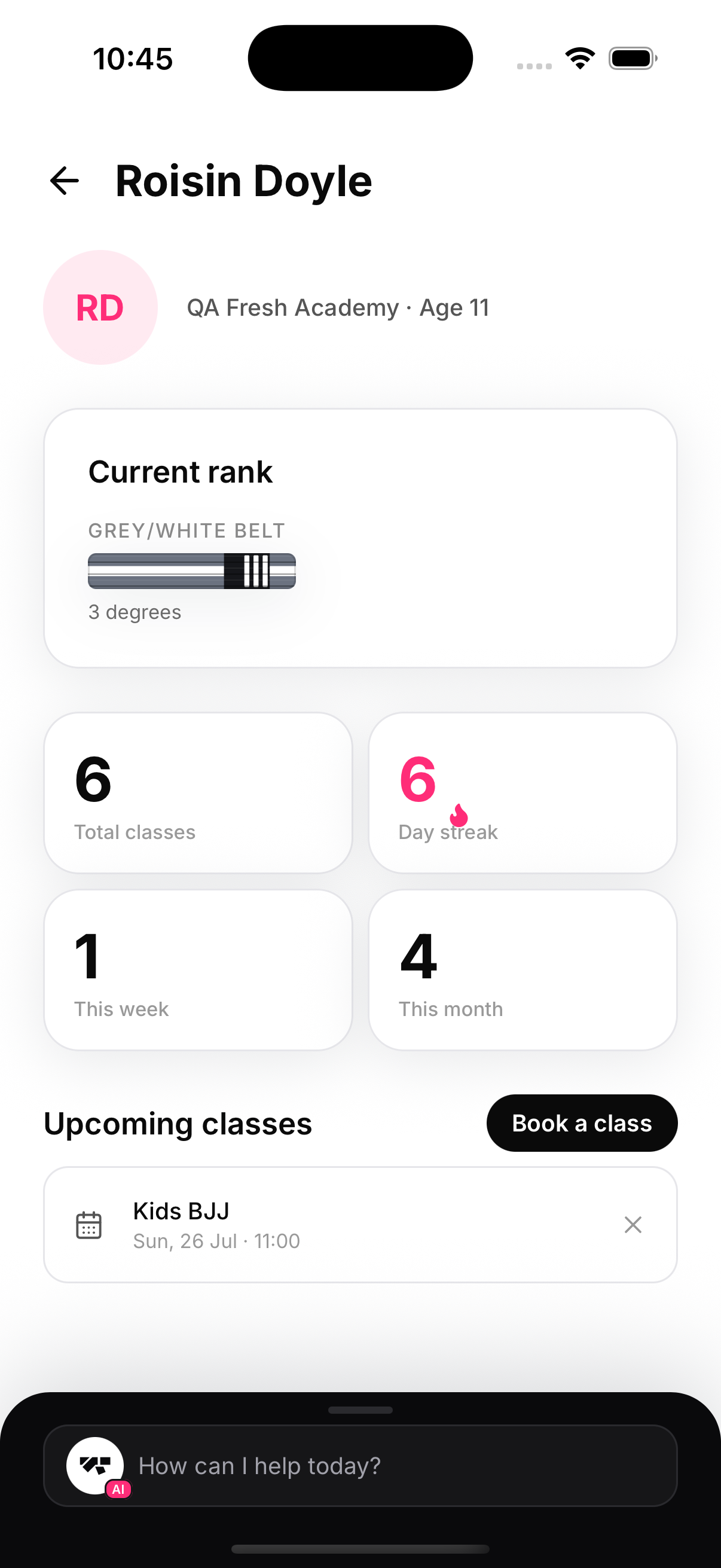 Current rank, hero stats and the next booked class — a granddaughter's BJJ at a glance