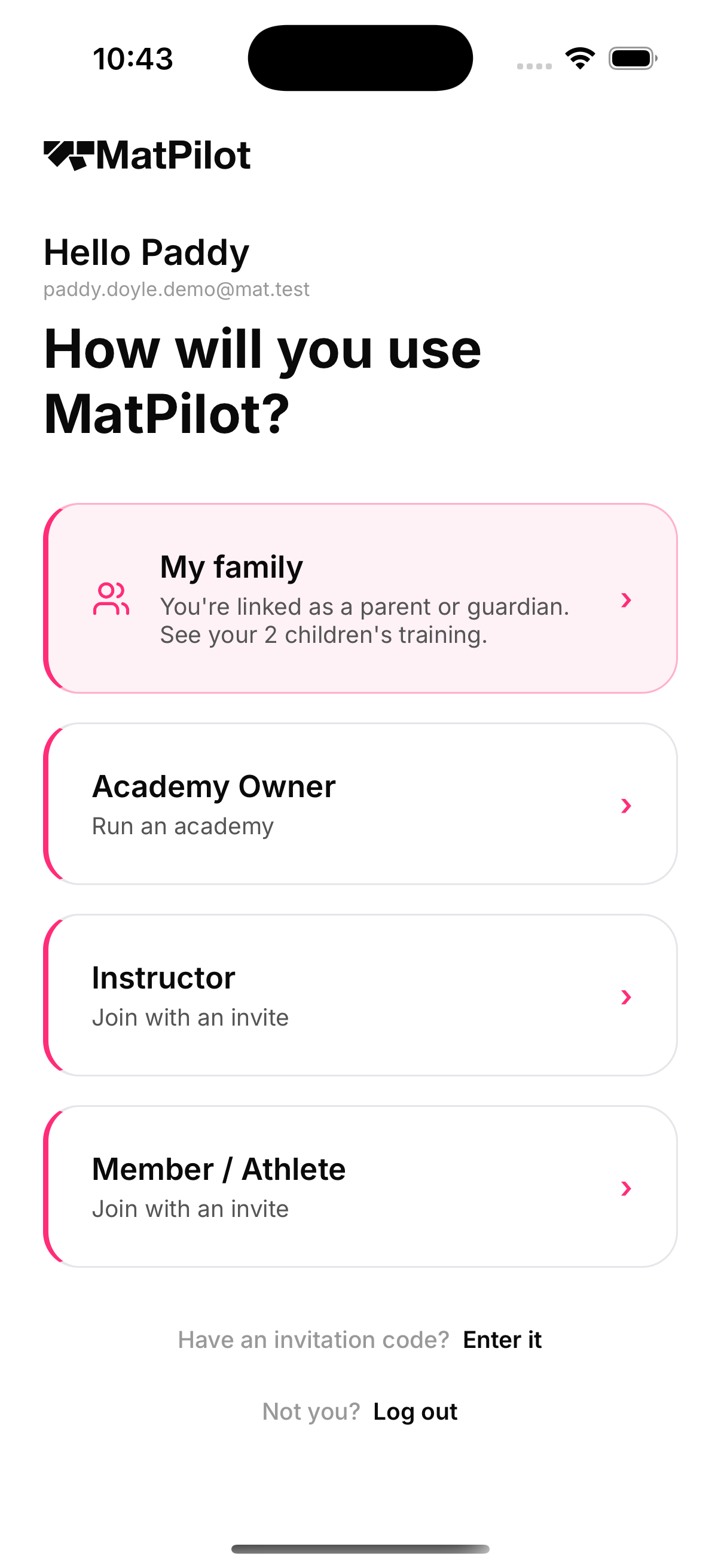 La primera pantalla de un tutor que no es miembro: directo a Mi familia