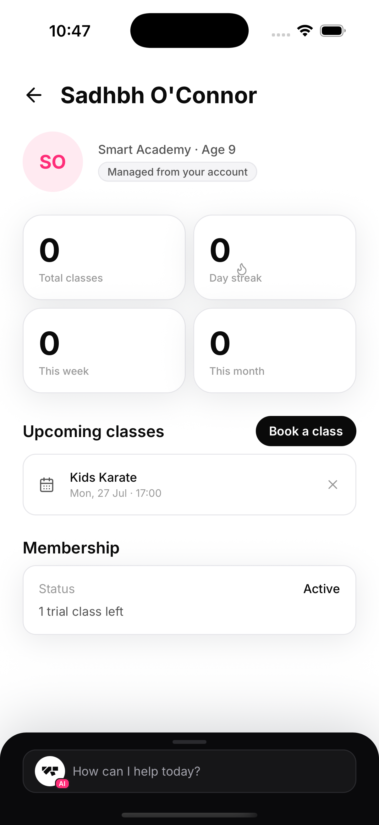 Each sibling has their own page, stats, bookings and paperwork