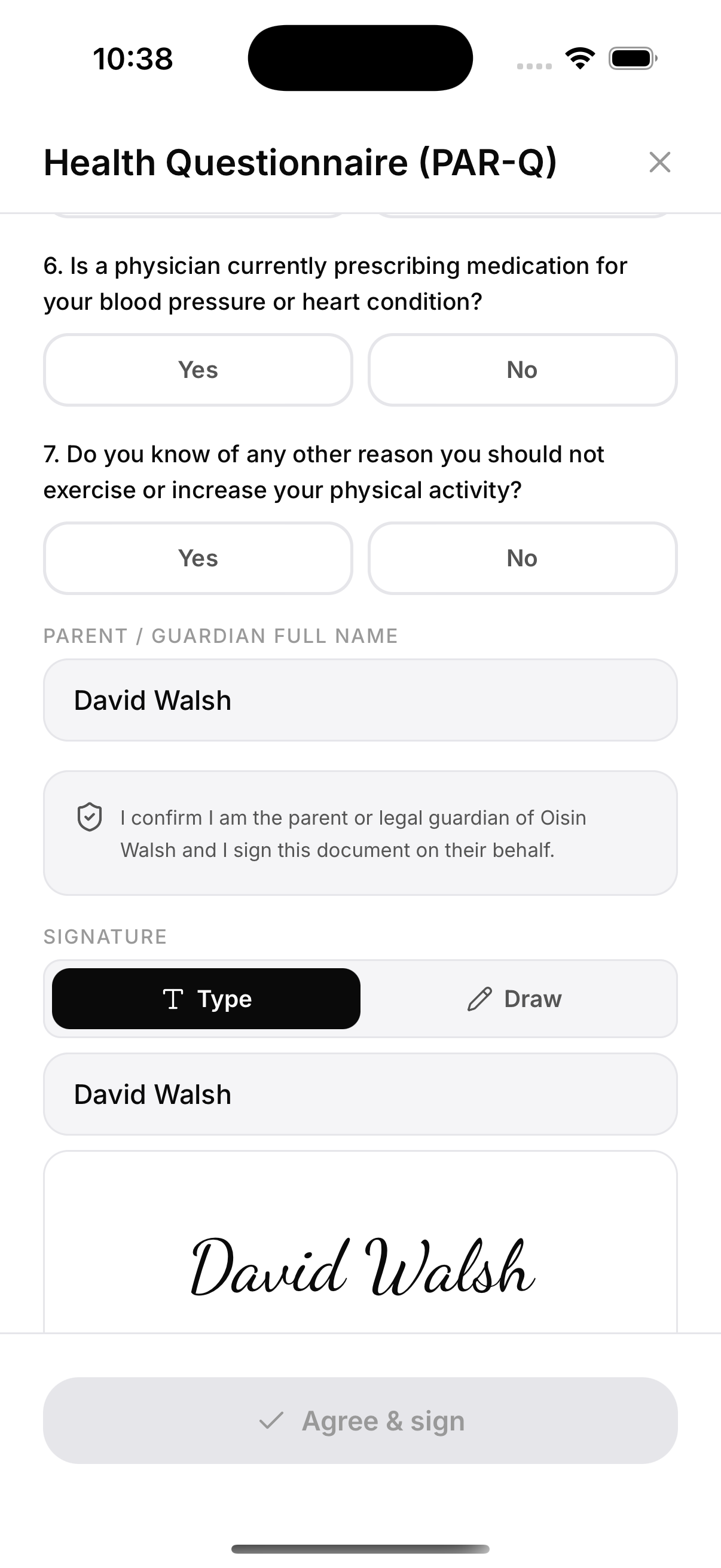 “Answer each question for Oisin, not for yourself” — then the guardian block and signature
