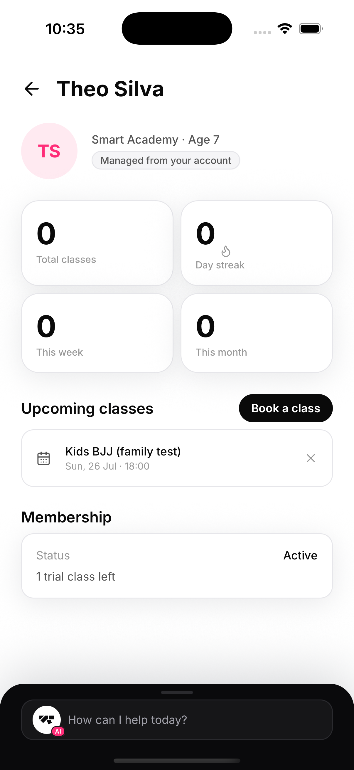 Upcoming bookings sit right under the stats, with a cancel control