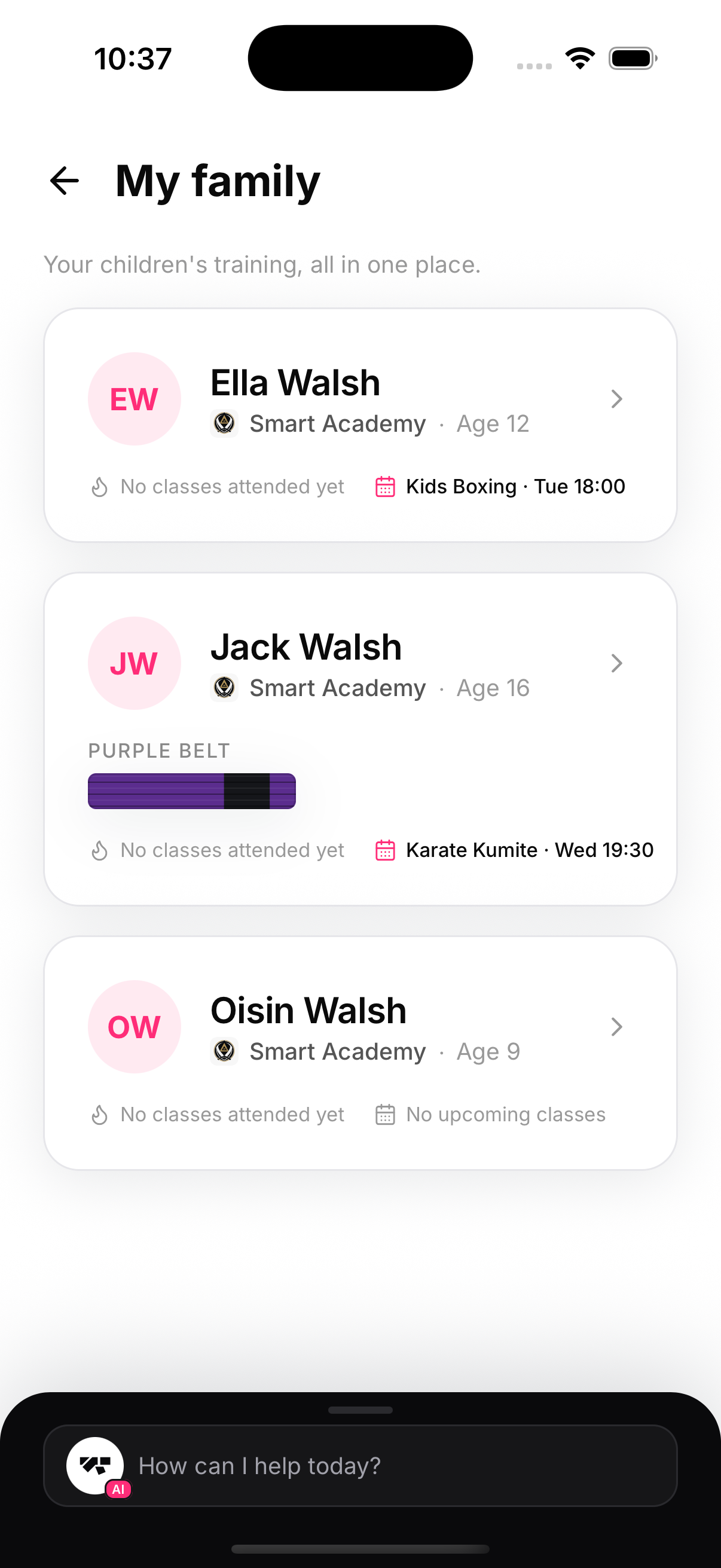 Three kids, three arts: boxing (no belts), karate (purple), BJJ (starting out)