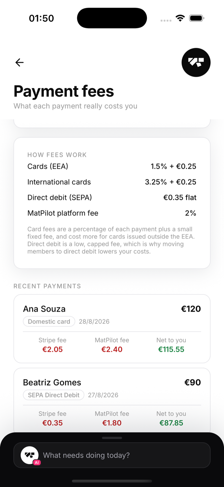 The How fees work card listing card, international, direct-debit and platform rates