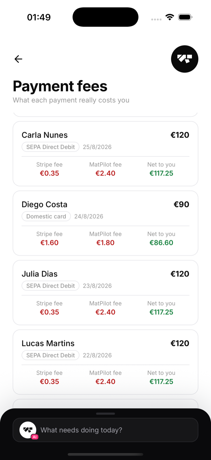 Recent payments, each with its method badge and Stripe/MatPilot/net breakdown