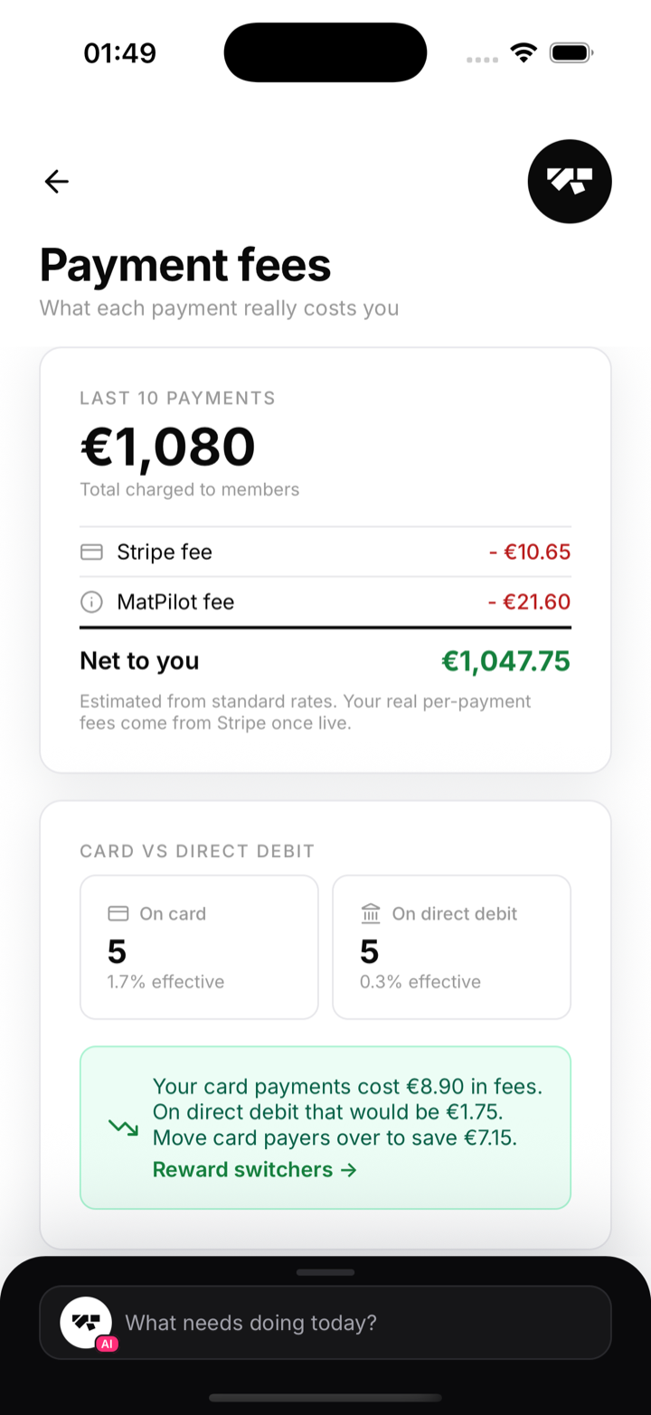 The card vs direct-debit split with the projected saving from switching