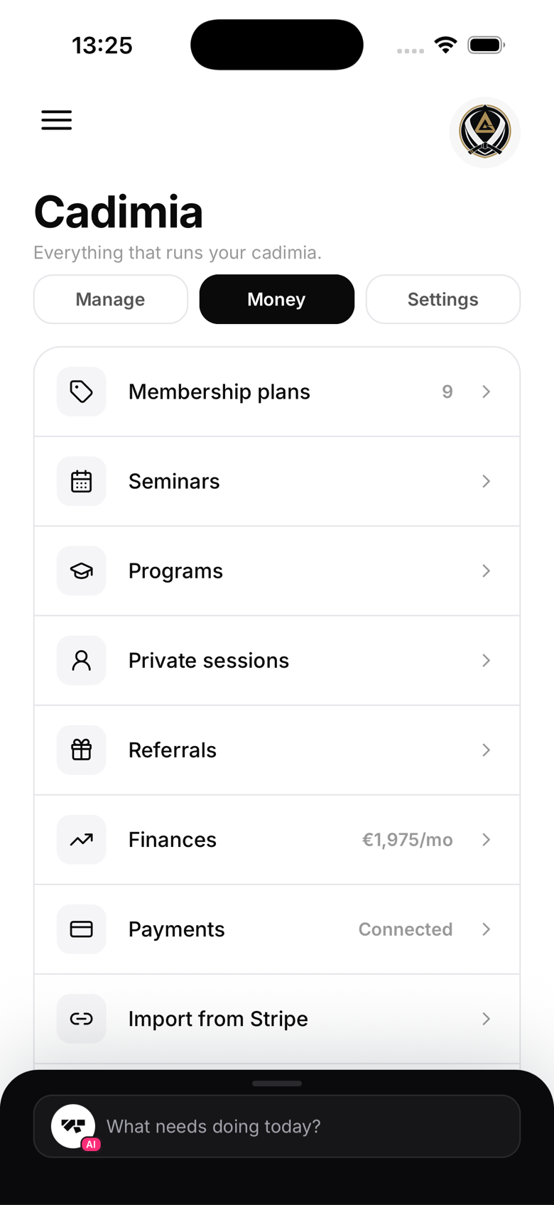 The Money hub: membership plans, seminars, programs, private sessions, payments and Stripe, every way to collect from a member