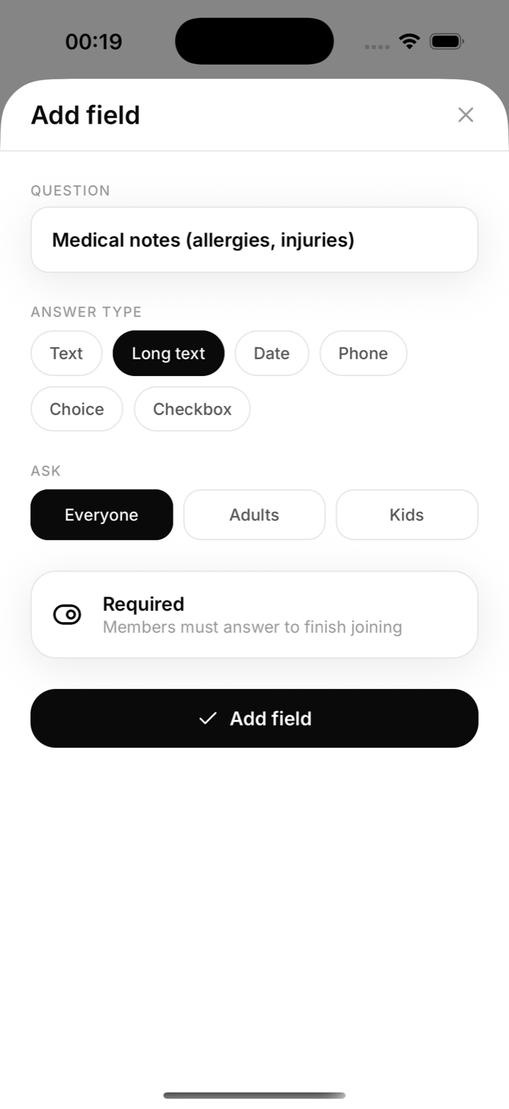 Adding a custom medical-notes question: answer type, audience, and required flag