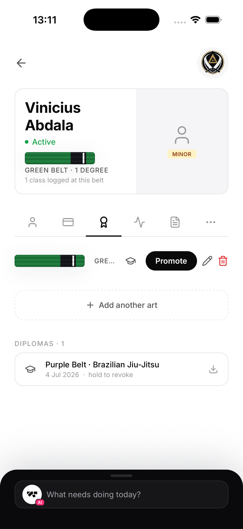 Member profile showing the kids belt ladder applied automatically based on date of birth