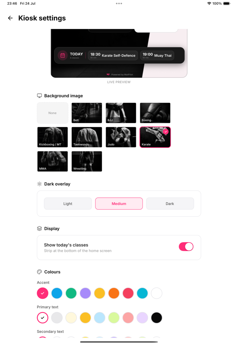 The colour kit next to the live preview: accent, text, cards, class bar