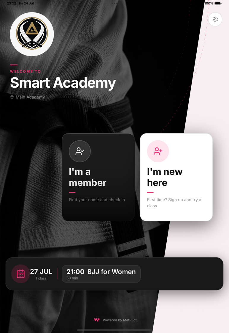 Kiosk home screen showing the "I'm a member" and "I'm new here" buttons