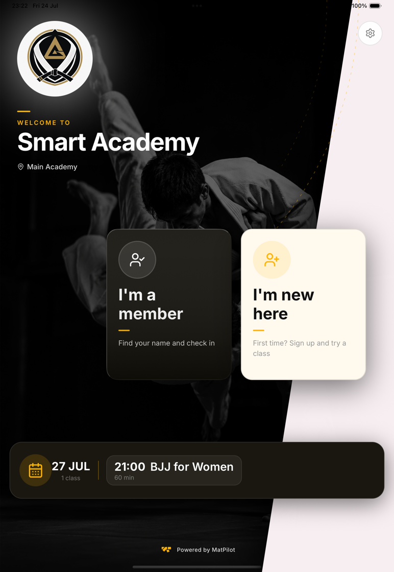 Judo background, gold accent, cream sign-up card