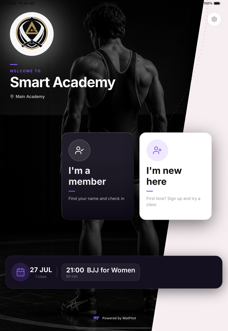 Wrestling background, violet accent, purple-tinted cards and class bar