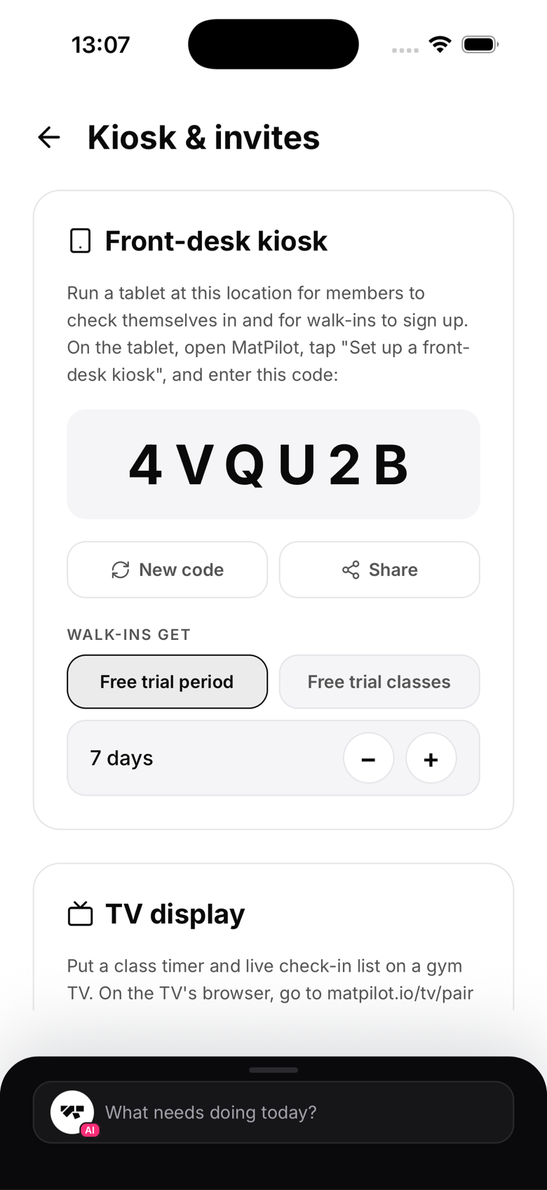 Owner "Front-desk kiosk" card showing the pairing code with New code and Share buttons