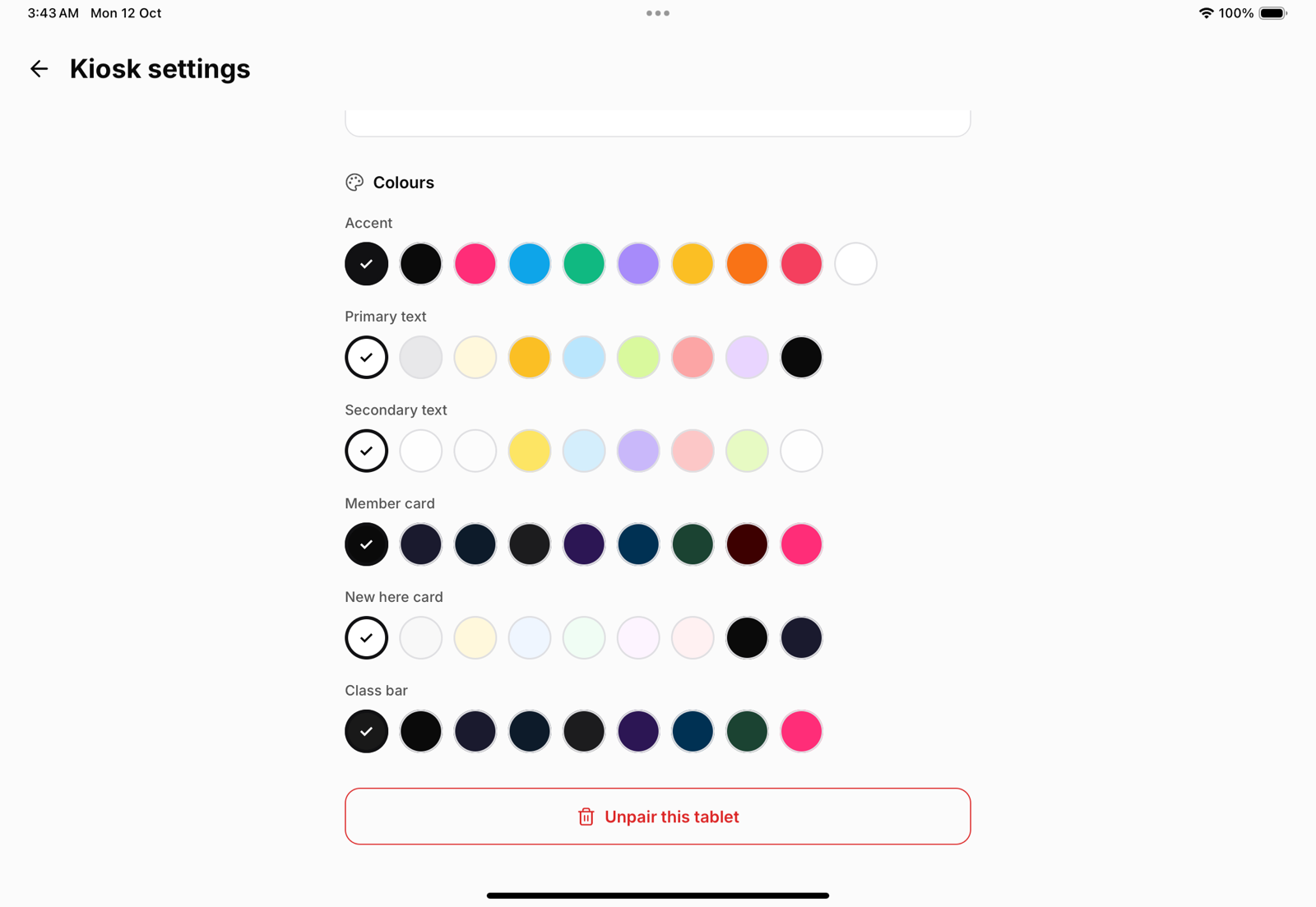 The colour kit on the tablet: accent, text, the two cards and the class bar.