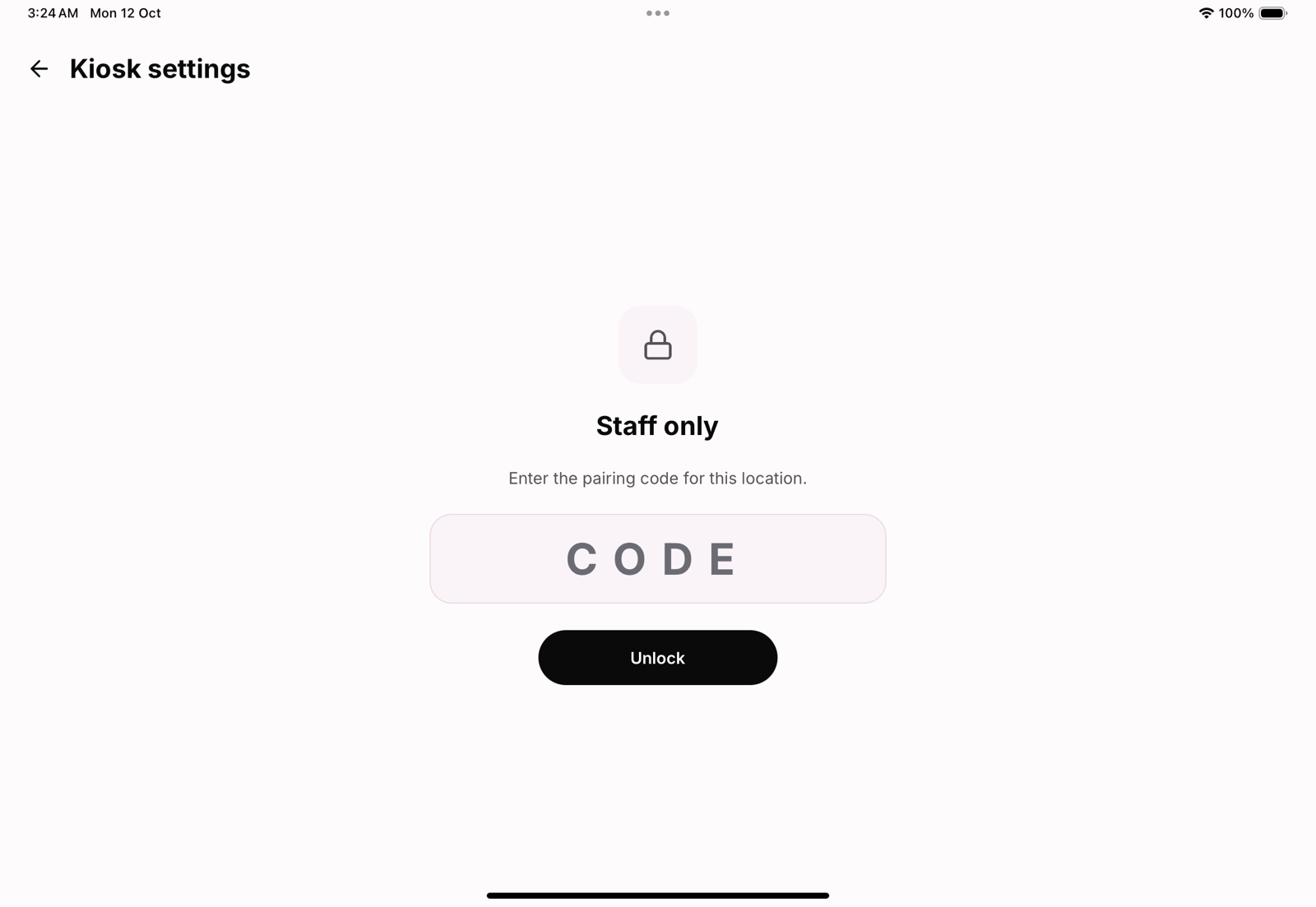 Apenas equipe: as configurações abrem com o código de pareamento da unidade.