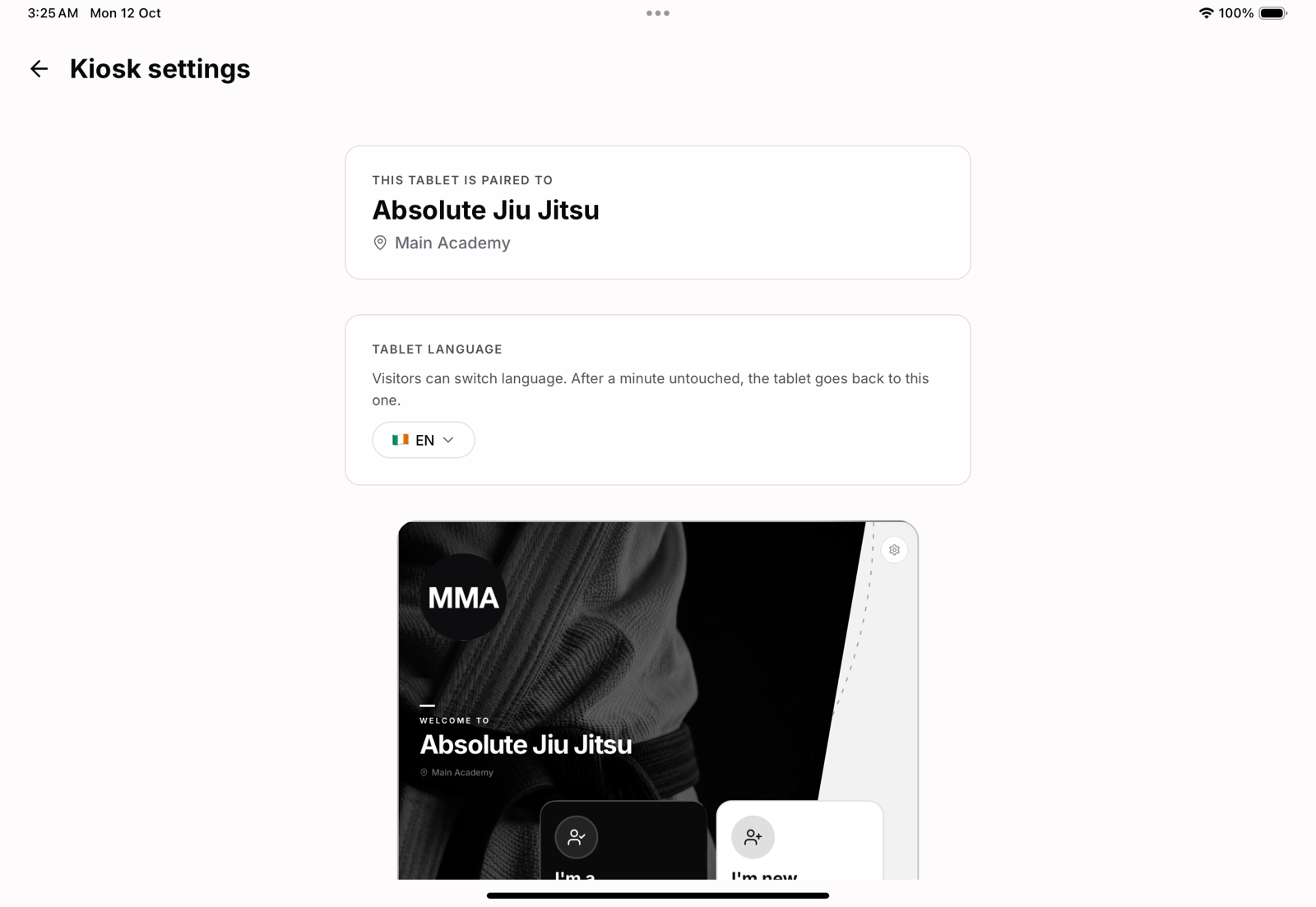 As configurações: pareamento, idioma do tablet e a prévia ao vivo.