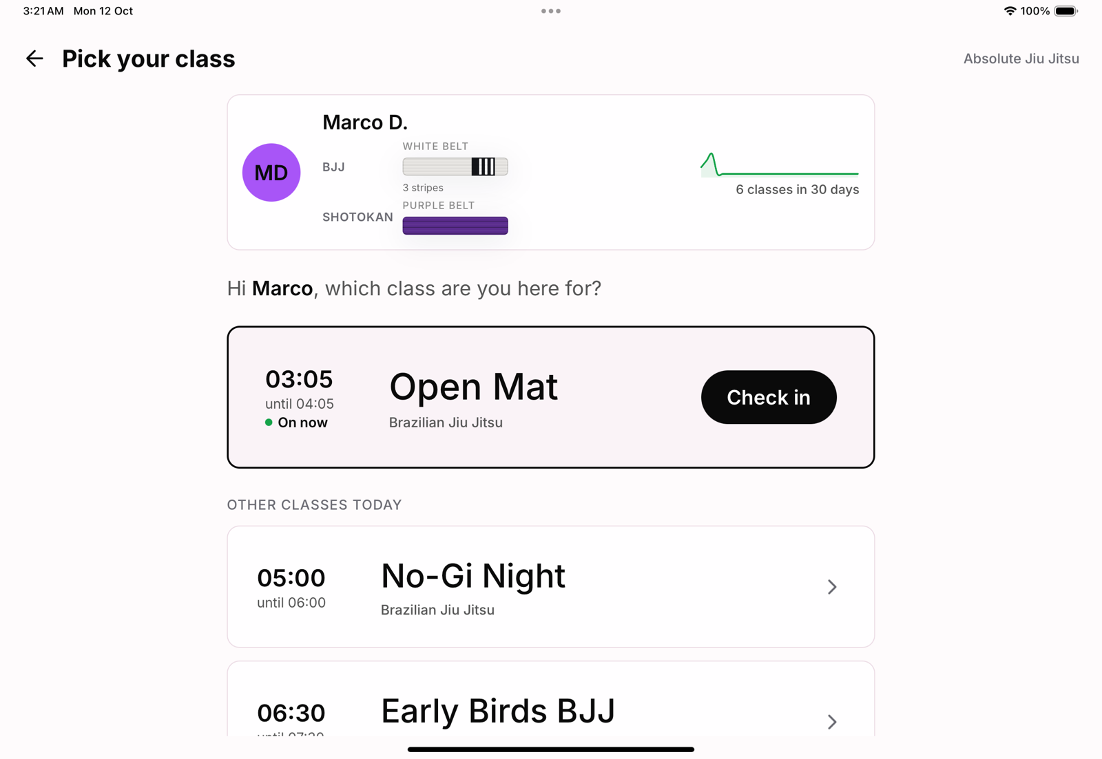 Pick your class: the member's card on top, the class on now as one big button.