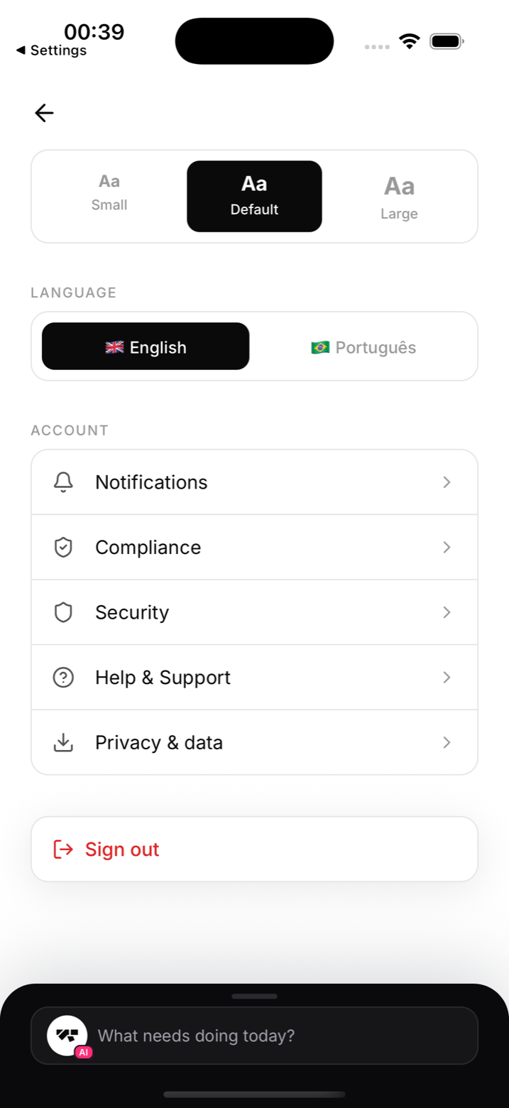 The in-app language picker: English, Português or Español