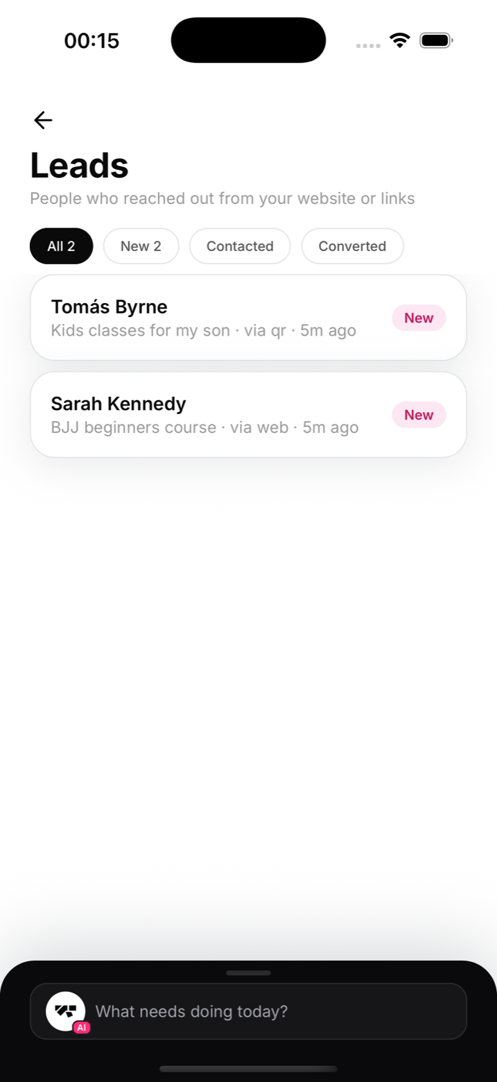Leads screen with a new enquiry and its status chips