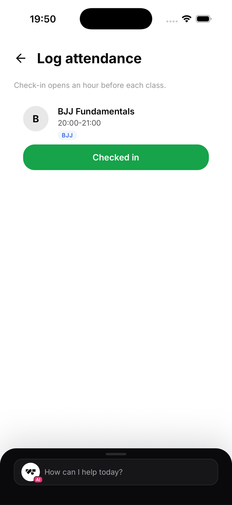 Checked in: the class flips green the moment you tap