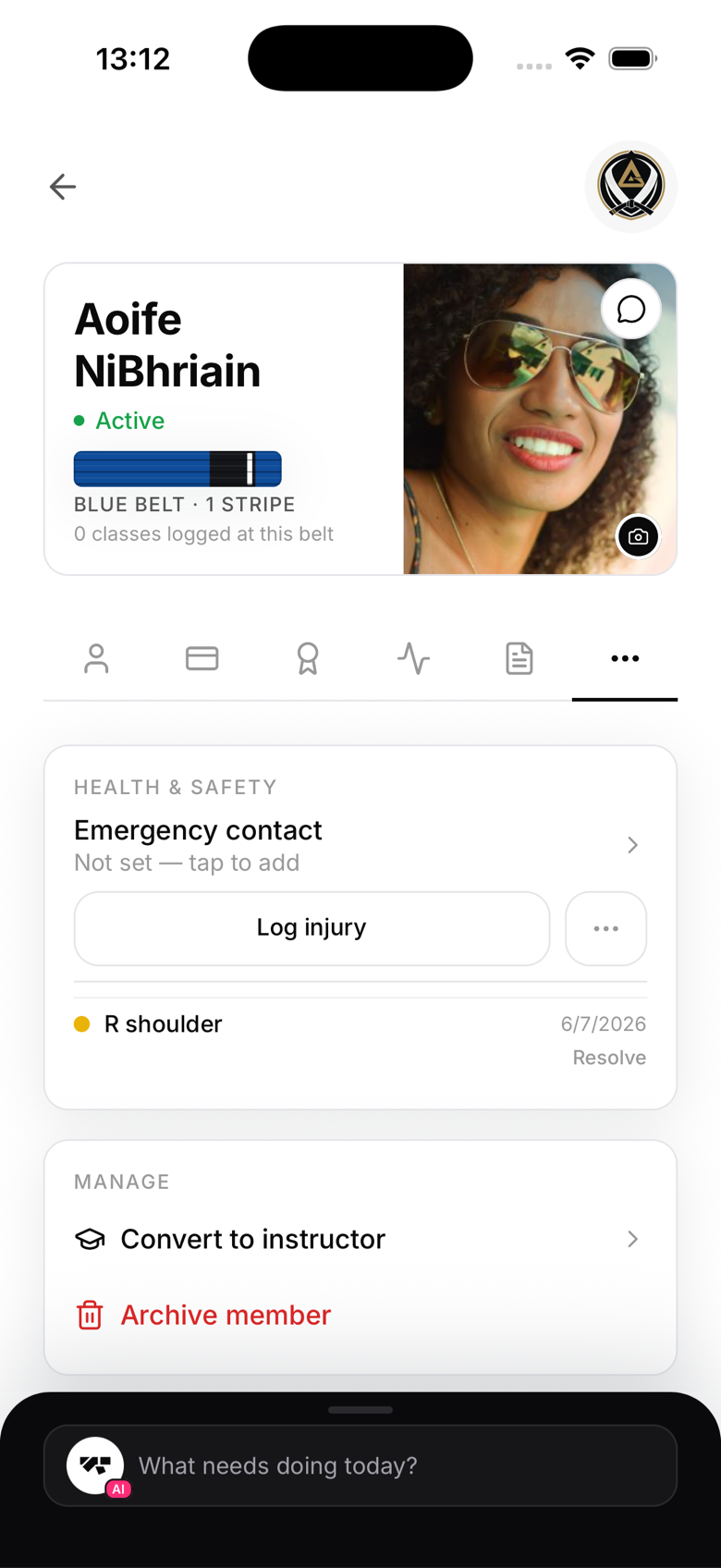 The Health and safety card on a member profile, with the injury log and emergency contact