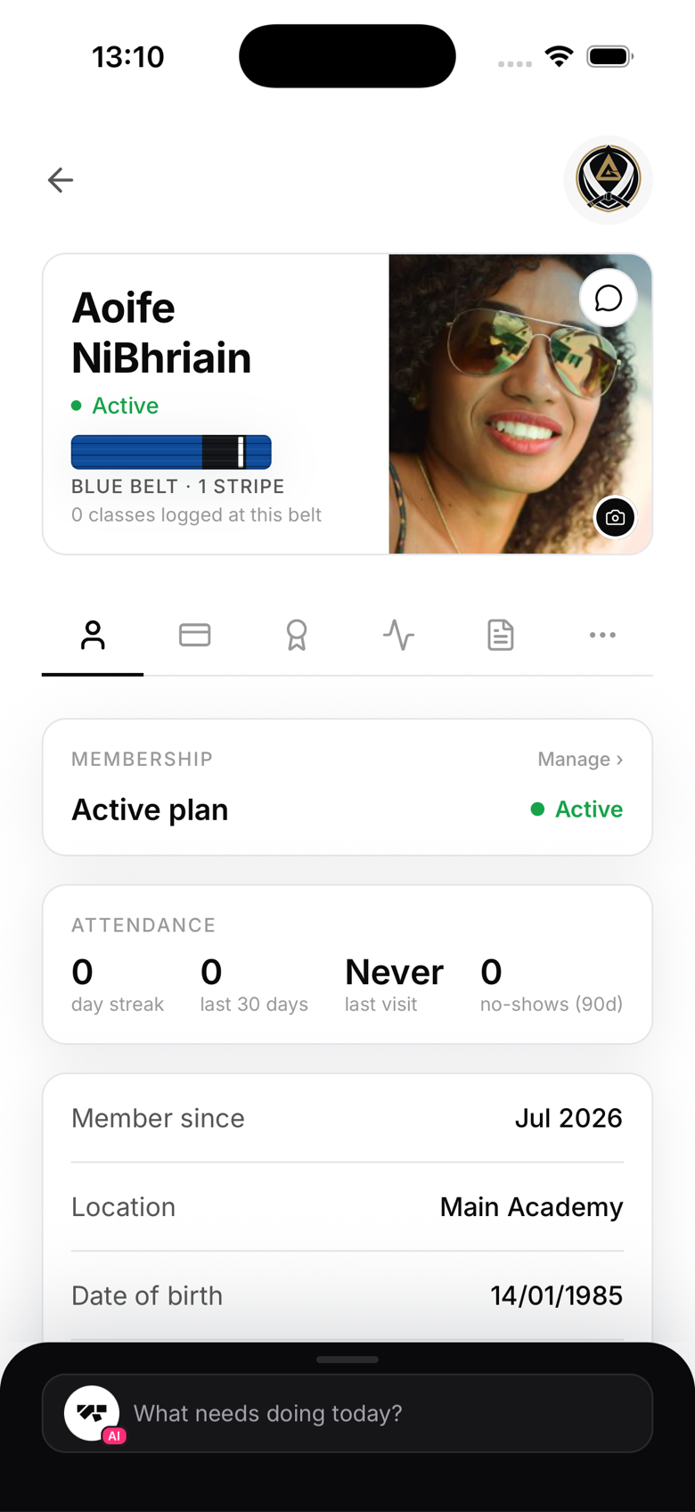A member profile showing classes logged at the current belt