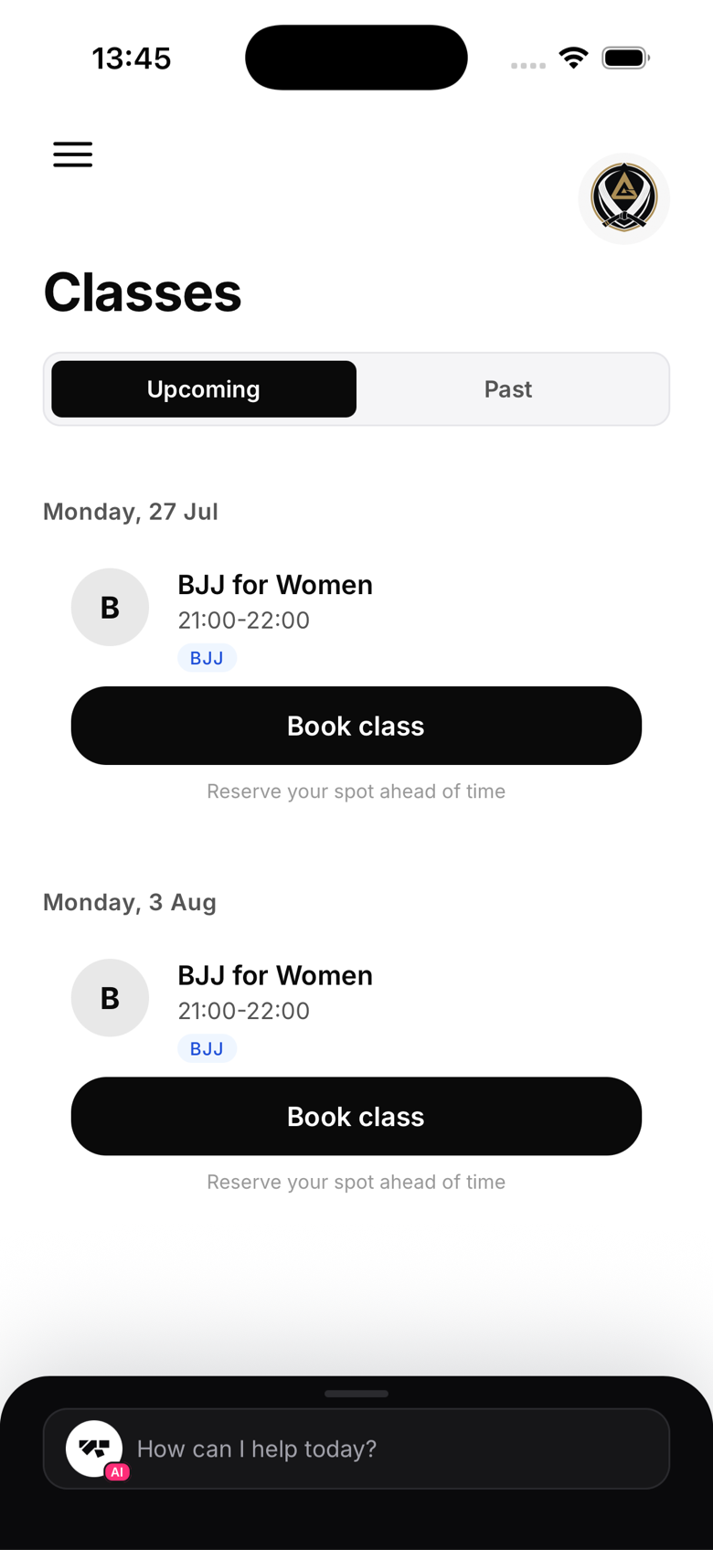 Tela de agenda do aluno com um card de aula mostrando os estados Reservar e Entrar na lista de espera